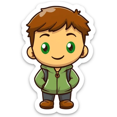 Rudeus Greyrat smiling warmly, green eyes, short brown hair, wearing travel clothes, friendly and kind expression sticker