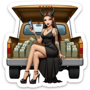 Sensual queen long brown straight haired mafia woman with black shiny platform high heels on her feet,  and black devil horns on her head, tattoos on arms , holding a stack of cash, has a phone in other hand. Sitting on a large big new model F350 pickup truck  long black dress with sexy butt sticker