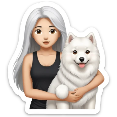  asiatic girl in the black tank top with long gray  hair and a samoyed sticker