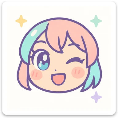 anime themed emoji, winking face, blushing cheeks, playful expression, pastel colors sticker