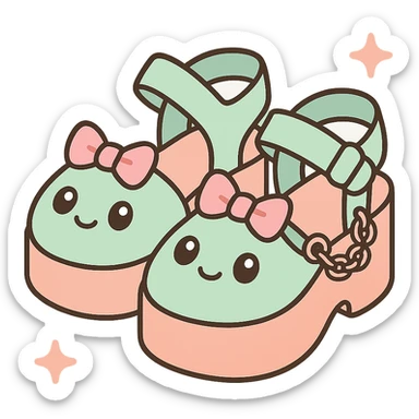 Transform these primarily black kawaii gothic shoes with pink and pastel accents, silver studs and chains, into platform sandals, no socks, no hearts, transparent background sticker
