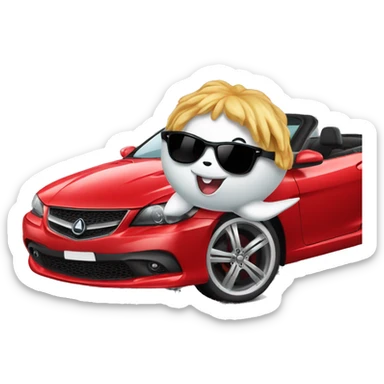 Great white shark with sunglasses driving a convertible red car sticker