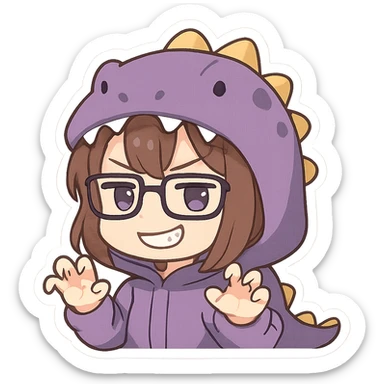 Chibi anime style girl with glasses, brown hair, dark purple eyes, wearing a purple dinosaur costume, smug expression, clawing the air with her hands, showing her teeth, no controller, no background. sticker