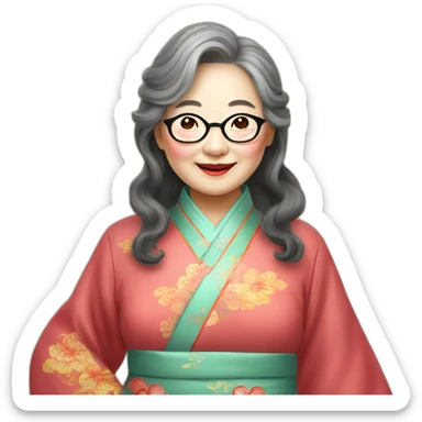 Chinese seniors lady wear glasses has wavy long hair wear Chinese traditional dress show appreciation sign sticker