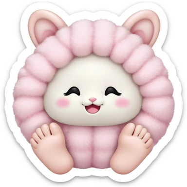 a fluffy toy with a light pink colored shell and ears and a white face and feet, with a cute black closed eyes and mouth sticker