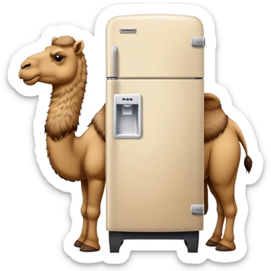 A white refrigerator with a camel head sticking out from the top and four camel legs with Timberland boots coming out from the bottom sticker
