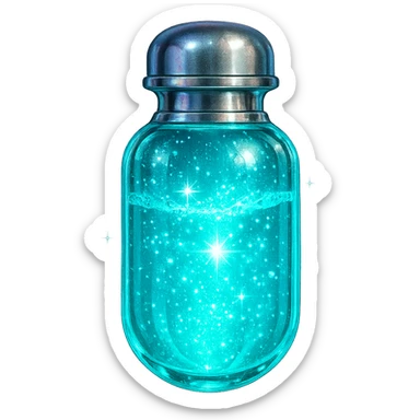 capsule-shaped luxurious elixir bottle, cyan color, iridescent and silver details, intense magical glowing and sparkling effects, very small neck, seamless bottom, transparent background, floating, no base or shadow, modern, matching a collection sticker