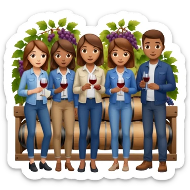 Make a photo of 5 project managers, specifically 3 girls with brown hair and 2 boys, that are making project for improvement of the winery sticker