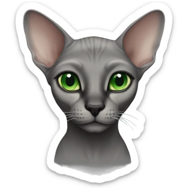 a dark grey sphinx cat with green eyes and a black nose sticker