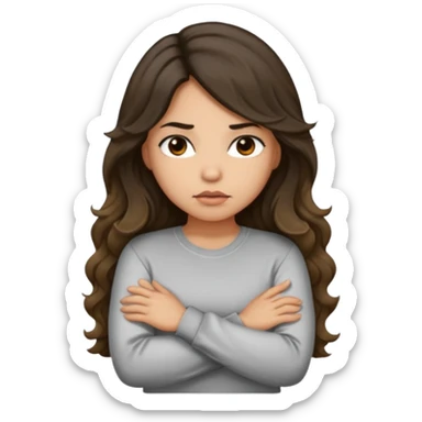 Hispanic light tan girl with long dark wavy hair with arms folded while pouting. Wearing a long sleeve. Hair with middle part. sticker