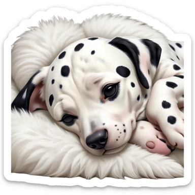 Meme-Worthy Cute Sleeping Spotted Dalmatian Portrait Emoji, Head resting peacefully with a contented smile, showcasing a delightfully majestic build and a luxuriously soft Fur of predominantly white with bold black patches, eyes shut in a serene nap, Simplified yet hilariously adorable features, highly detailed, glowing with a soft, drowsy light, high shine, relaxed and utterly lovable, stylized with an air of playful laziness, bright and heartwarming, soft glowing outline, capturing the essence of a comically sleepy guardian, so meme-worthy it feels like it could instantly become the next viral sensation of adorable slumber! sticker