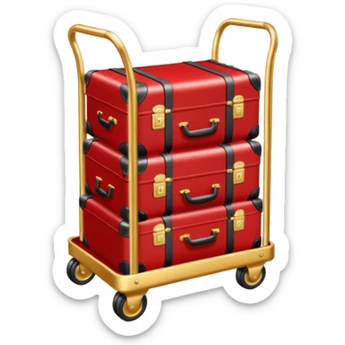 Luggage cart: A polished gold luggage cart with a red carpet base, neatly stacked with suitcases. sticker