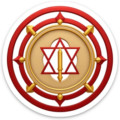 a circular casting sigil inspired by the wizard101 balance school using base color sand and trim color red. A golden scale in the middle as a focus  sticker