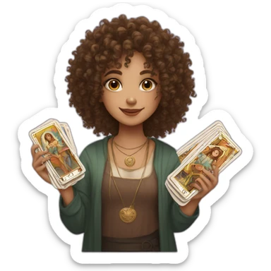 A brown curly haired girl with a deck of tarot cards sticker