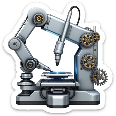 An icon featuring a giant robotic machine welding a large microchip with a laser, using two robotic arms. The design includes circuit boards, gears, and technical schematics, symbolizing advanced engineering and automation. Transparent background highlights the fusion of technology sticker