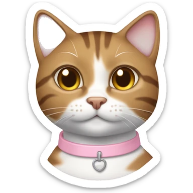 Brown and white female tabby cat with light pink collar sticker