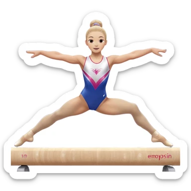 A gymnast performing a flawless routine on the balance beam, showcasing strength and grace. The scene captures the precise, elegant movement with perfect balance and form. The background features a gymnastics arena with vibrant lighting and cheering crowds, emphasizing athleticism and poise. sticker