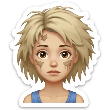 very dirty looking homeless woman very very dirty and smelly looking face only, not old with grey smudges everywhere and messy hair and lots of stains on face ugly and smudged face on forehead and chin sticker