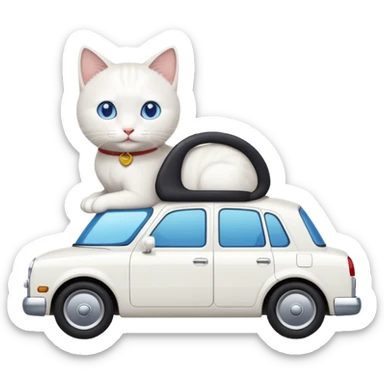 Please create a small emoji the size of 🚗 featuring a pure white cat with short tail with blue eyes on a white saloon car viewed from side. Again it is necessary that the emoji must be extremely small, much smaller than a standard sized sticker. sticker