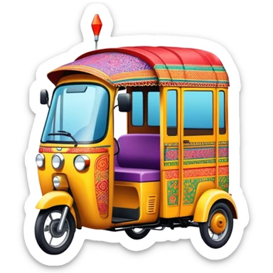 Cinematic Realistic image of a colorful auto rickshaw, rendered with detailed textures and lively, bold hues, set on a bustling urban street with dynamic, vibrant lighting that emphasizes its iconic role sticker