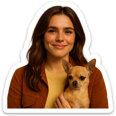 Centered portrait for Instagram profile picture inspired by the facial features visible in the reference images, with a tanned complexion, subtle freckles, shirt color #FFF8CA, rust-colored jacket, medium-length brown hair with auburn highlights, proud and joyful expression, holding a beige-brown chihuahua, Netflix series style, transparent background, intimate Tenerife ambiance. sticker