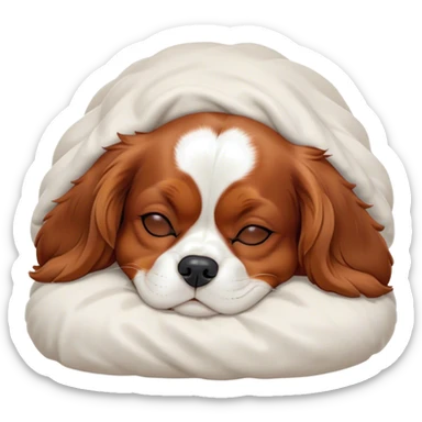 Cinematic Meme-Worthy cute Sleeping Cavalier King Charles Spaniel Portrait Emoji, Head resting peacefully with a contented smile, showcasing a delightfully cute build and a luxuriously soft coat of chestnut and white, eyes shut in a serene nap, Simplified yet hilariously adorable features, highly detailed, glowing with a soft, drowsy light, high shine, relaxed and utterly lovable, stylized with an air of playful laziness, bright and heartwarming, soft glowing outline, capturing the essence of a comically sleepy Cavalier King Charles Spaniel, so meme-worthy it feels like it could instantly become the next viral sensation of adorable slumber! sticker
