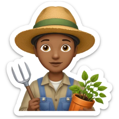 black gardener holding gardening tools, with hat sticker