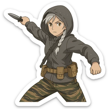 1 female, mid-20's  white hair long braid, gold yellow eyes, gray rainproof hoodie, hood up, single point sling, tan mag pouches on belt rig, tiger stripe camo pants, holding a combat blade, striking, swing sticker