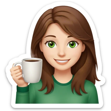Long, Brown haired girl with middle hair part, with green eyes, smiling, waving with one hand, coffee mug in the other sticker