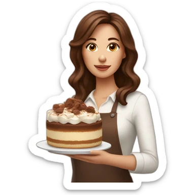 Woman with brown long hair holds tiramisu in hands sticker