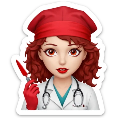 Lilith scalpel in hand, evil surgeon sexy surgeon clothes.  She has red eyes. Dark brown curly hair. Wears sexy doctor outfit with red gloves.covers her mouth necknose with red bandana to hide  her identity. Hair is long and brown hair is free but bandana must cover her mouth sticker