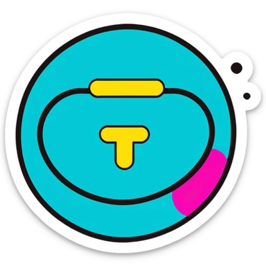 Minimalist sticker with white 'tt' letters on a black circle with cyan, magenta, and yellow dots below, cap with street style influence sticker