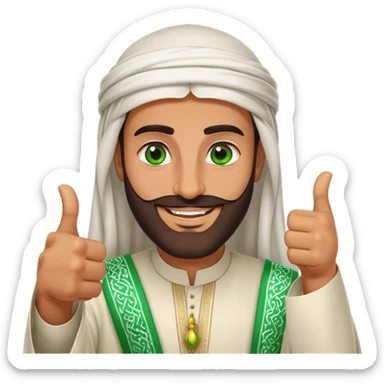 Tanned Arab Saudi man with green eyes and a beard, wearing traditional attire, smiling and giving a big thumbs-up sticker