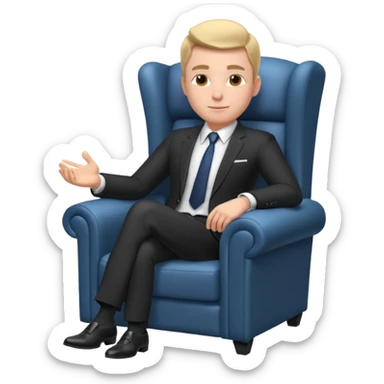 businessman sitting in an armchair, confident relaxed pose, formal suit and tie, professional corporate vibe, 3D cartoon style, mobile game icon style, clean background, no text, no watermark
 sticker