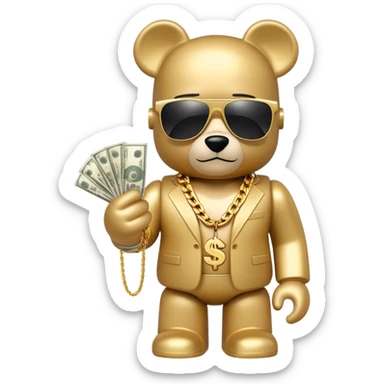 hustler bearbrick toy figure wearing gold chain, sunglasses and money sticker