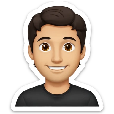 Joven ancho, long hair, pelo largo, cuerpo grande, latino piel canela, cara redonda-ancha, scruff sin barba completa, cejas gruesas, pelo oscuro ondulado flat largo hasta el cuello. Sonrisa amplia, expresión alegre. Camisa negra. Size large.  sticker