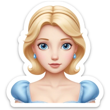 Cinematic Realistic Cinderella Portrait, depicted with lifelike skin texture, subtle rosy undertones, and soft natural lighting that enhances the gentle contours of her face. Her intricately detailed golden blonde hair is elegantly styled in an updo, with delicate wisps framing her face for added realism. Her deep, expressive blue eyes radiate warmth and sincerity, reflecting a quiet resilience and grace. She is dressed in her iconic ball gown, the fabric shimmering with intricate embroidery and fine translucent layers that catch the light beautifully. The soft sheen of satin gloves and the delicate sparkle of a glass-like slipper peeking from beneath her dress add a touch of magical realism. The portrait features an enchanting glow with a natural, luminous finish, seamlessly blending realism and fairytale charm to evoke a sense of depth, elegance, and timeless beauty. sticker