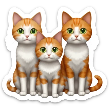 full body of 3 tiny short hair cats including a dark grey and white cat with green eyes, a ginger and white with orange eyes and a brown tabby and white with hazel eyes sticker