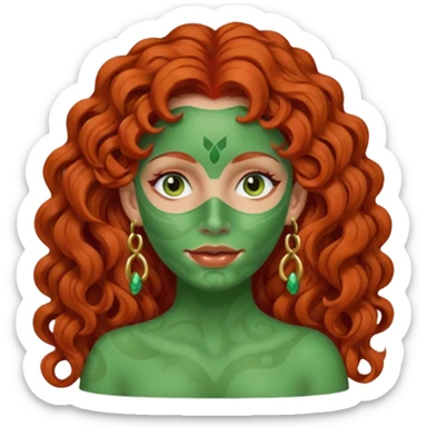 red haired very long curly haired woman with full face green clay mask  and big earrings  sticker