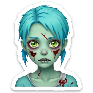 zombie girl with turquoise blue hair, pale green skin, stitches on face, cartoonish undead appearance sticker
