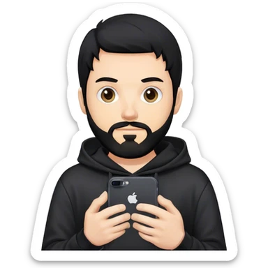 hackeur blanc cheveux noir barbe et capuche noir avec un iphone 16 pro sticker
