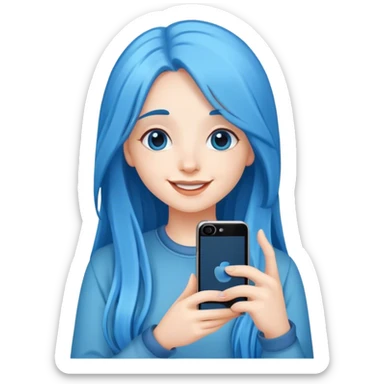 happy girl with long blue hair take a photo with her phone sticker