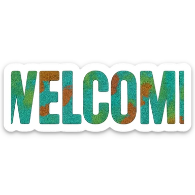 The word 'WELCOME' written in bold letters, each letter filled with a realistic chameleon skin pattern, colorful and textured, with hints of color shifting. sticker