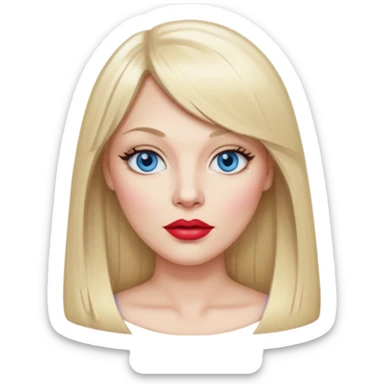 40 yr old white woman, pale skin, long straight blond hair parted in center, blue eyes, bangs sticker