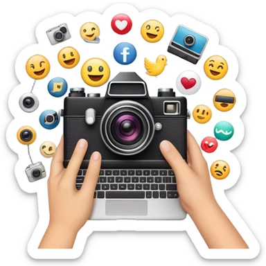 a composition of various media and technology-related emojis, arranged in a visually appealing way. At the center, there is a vintage-style camera emoji with a bright flash effect, symbolizing photography. A hand holding a smartphone emerges from behind the camera, representing digital and mobile content creation. Surrounding the central camera are a film camera, a laptop, and a smartphone with a colorful app grid, illustrating video production, digital work, and social media. The design is clean, modern, and conveys a theme of multimedia, content creation, and technology. sticker