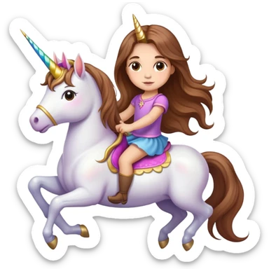 light-skinned little girl with long brown hair riding a unicorn sticker