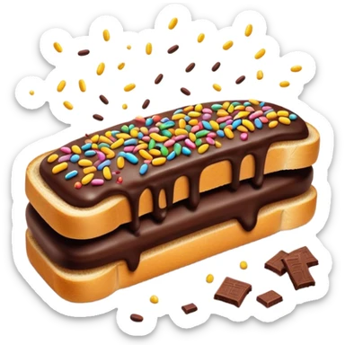 Hagelslag Cinematic Realistic Hagelslag Treat Emoji, depicted as crunchy chocolate sprinkles scattered on a slice of buttered bread, rendered with vivid textures and playful, inviting lighting. sticker