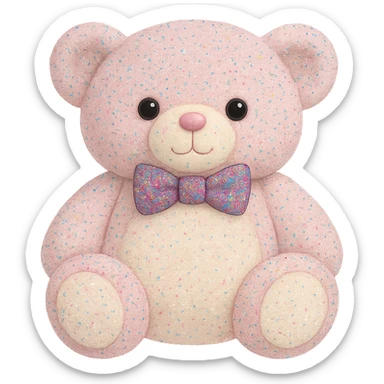 Change the glitter on the teddy bear and bow tie to multicolored glitter, keeping the pink and white fur, flat lighting, no shadows or background, soft plush look, maintain transparency. The style should reflect a soft plush teddy bear with a transparent background and no shadows. sticker