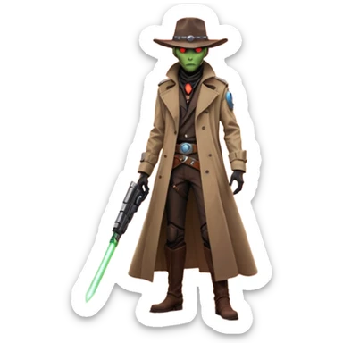 A tall alien cowboy standing in a dusty desert on an alien planet, wearing a futuristic cowboy hat and long trench coat, glowing eyes, twin plasma revolvers on his belt, dramatic sunset, cinematic lighting, ultra realistic, high detail, epic sci-fi western atmosphere

 sticker