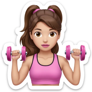 girl with wavy long ponytail brown hair, brown eyes, light to medium complexion, long lashes, light pink lipstick, wearing light pink shirt, lifting pink dumbbells in a sports top sticker